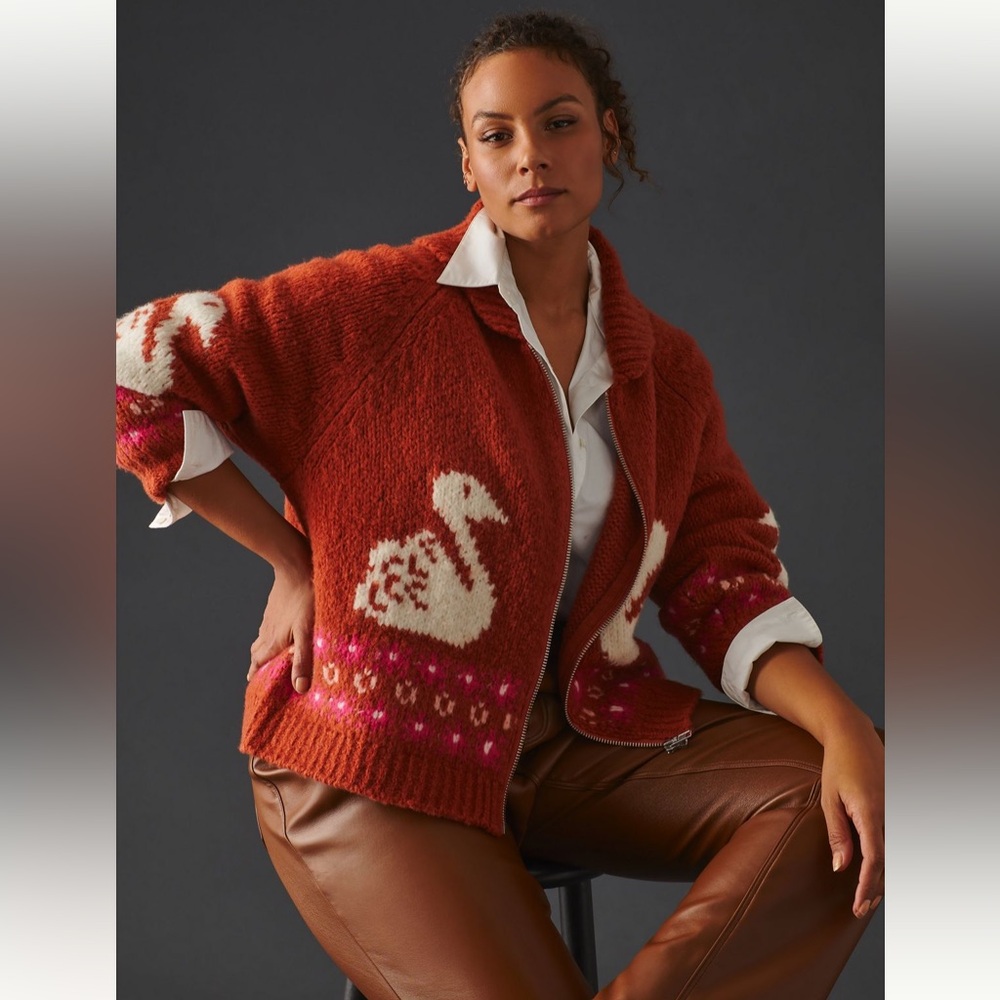 Maeve Anthropologie Zip Front Swan Cardigan Sweater in rust
